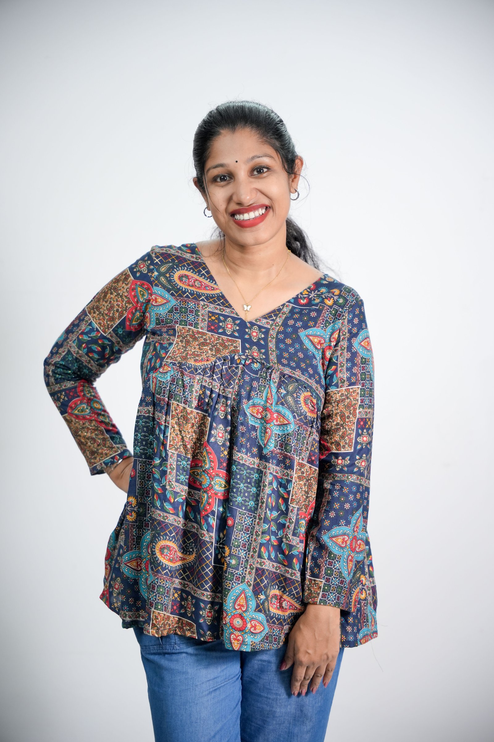 Womens Navy Blue Paisley Print Rayon Peplum Top